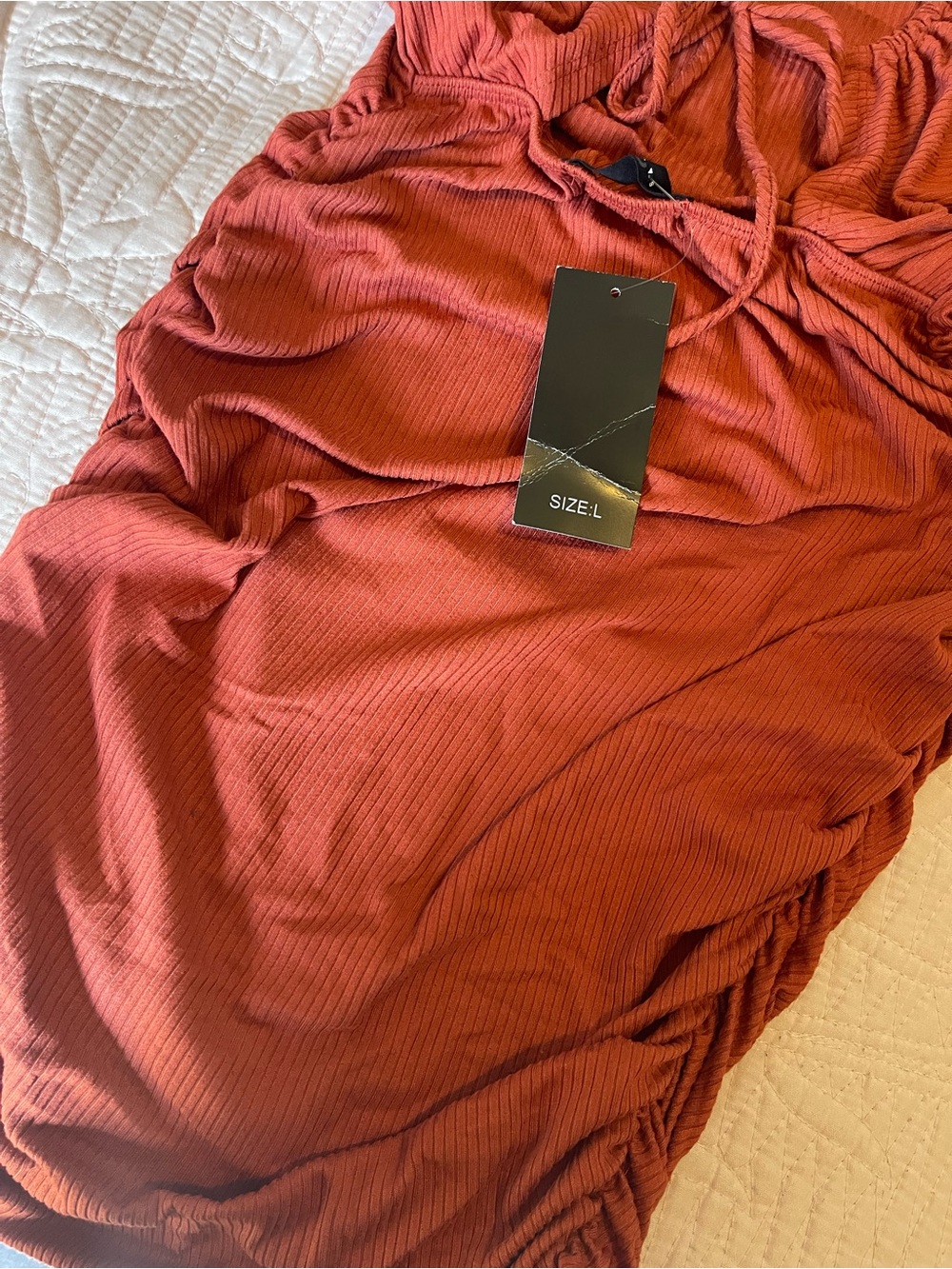 Rust Ribbed Long-Sleeve Ruched Bodycon Dress - Picture 9 of 10
